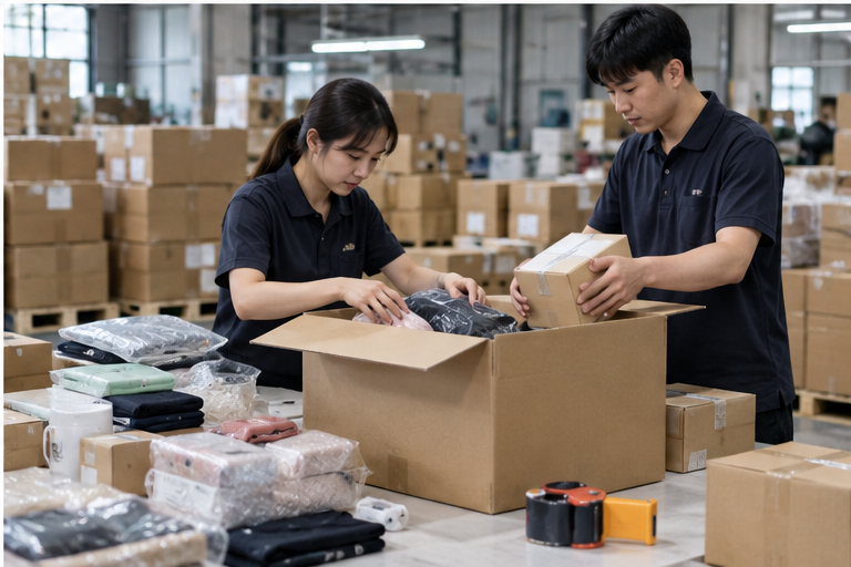 China fulfillment team consolidating and repacking multiple supplier orders
