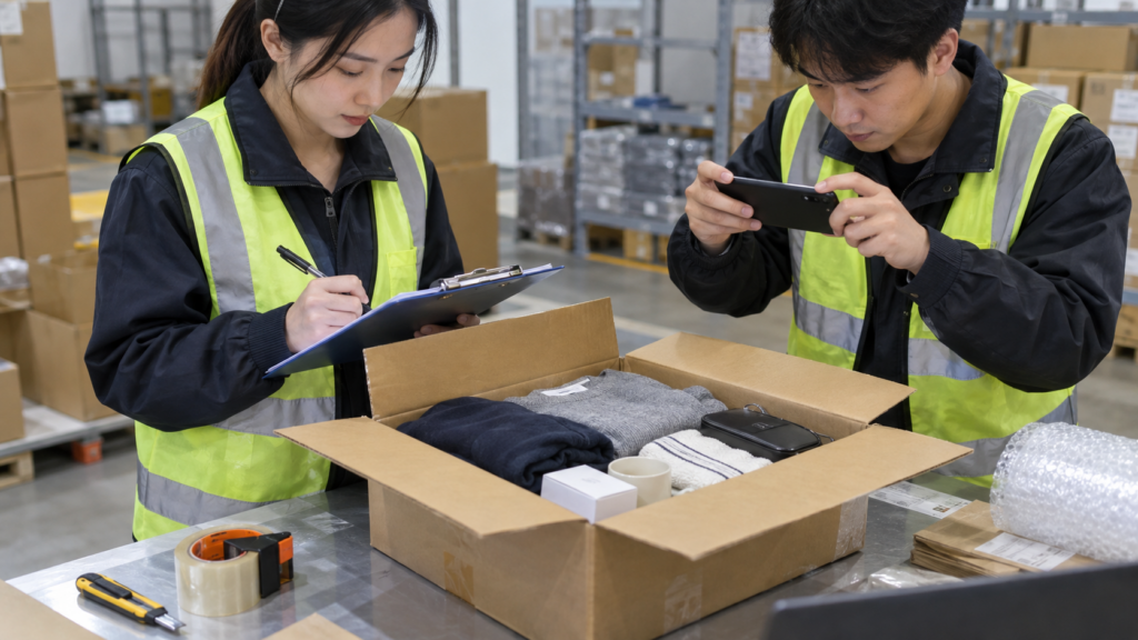 China warehouse staff checking products and taking photos from an opened supplier carton