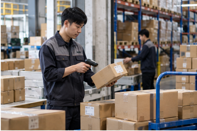 China warehouse worker receiving and scanning supplier packages
