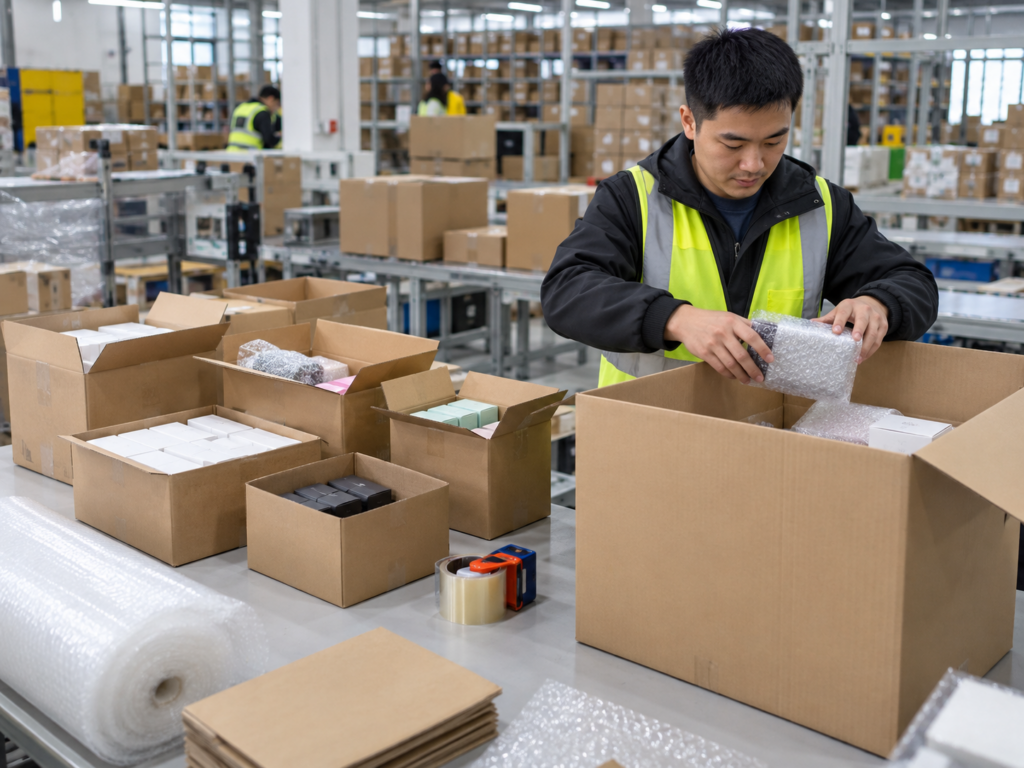 Multiple 1688 supplier parcels being consolidated and repacked into one shipment