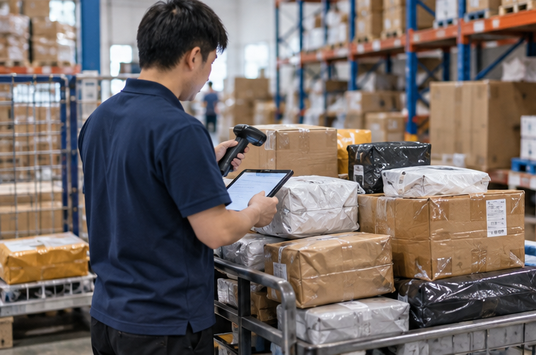 Multiple supplier parcels being scanned and prepared for consolidation in a China warehouse