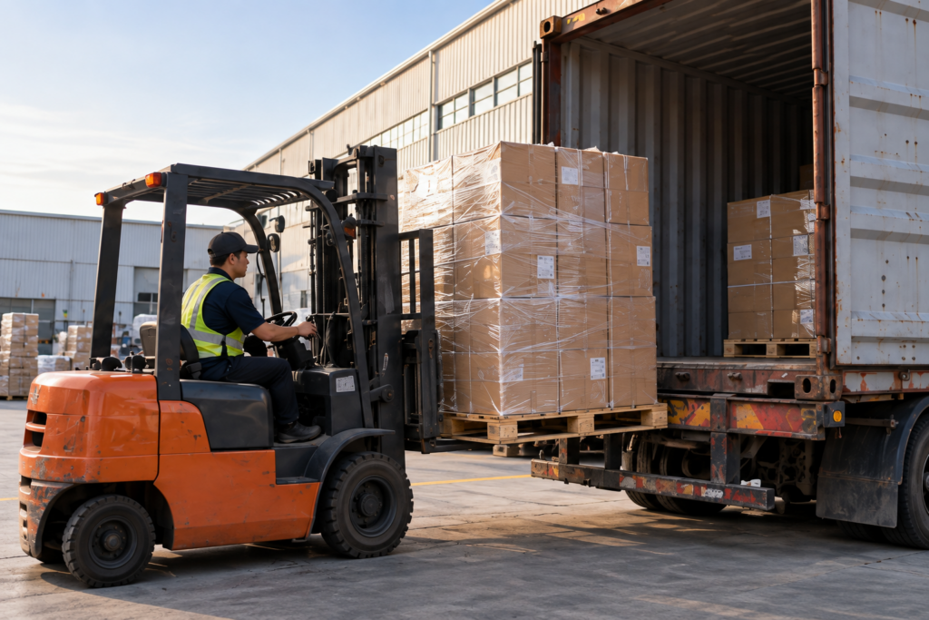 Palletized cargo being loaded for DDP shipping from China