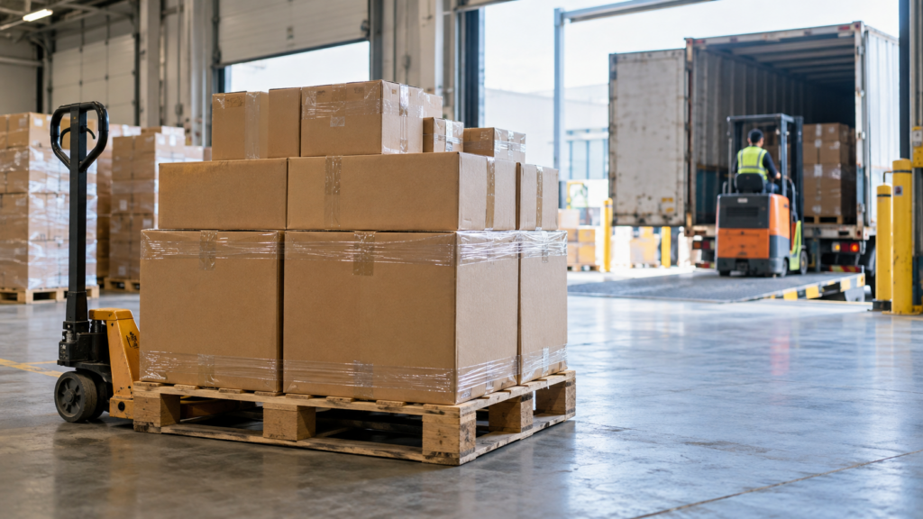 Palletized cartons prepared for international shipping from China