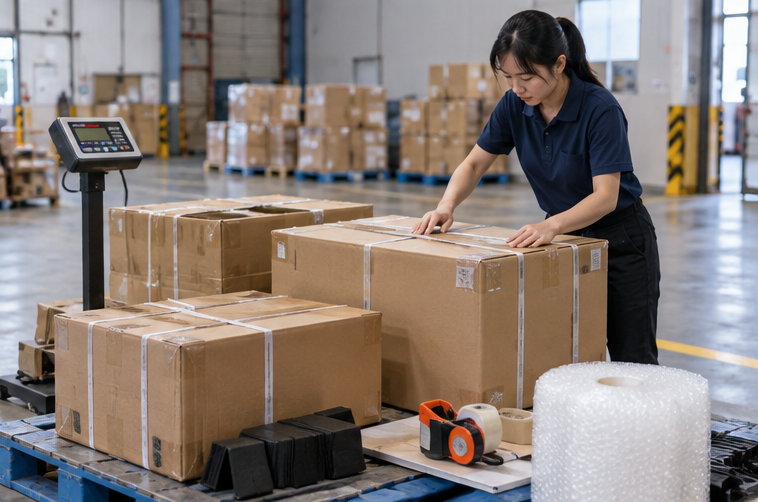 Repacked export cartons prepared for international shipping from a China warehouse