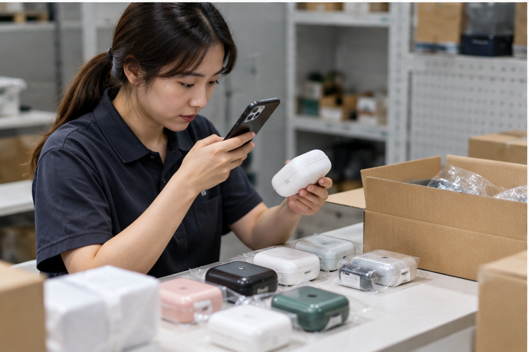 Warehouse staff inspecting and photographing products before shipping