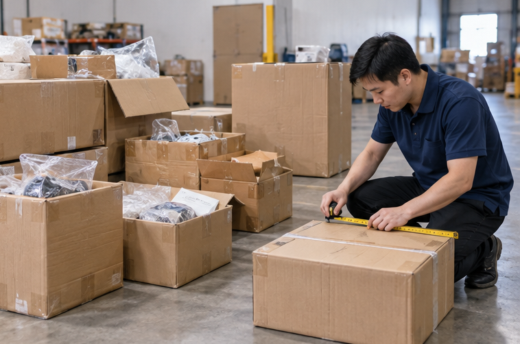 Warehouse staff measuring repacked cartons to reduce shipping volume