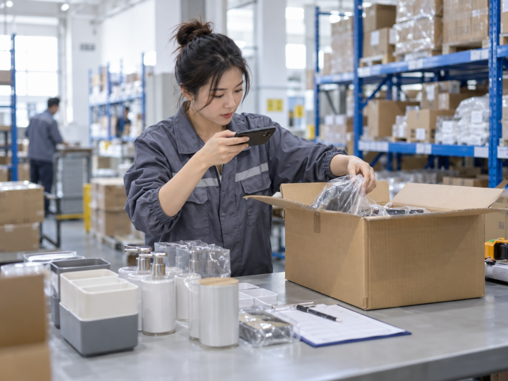 Warehouse worker checking and photographing 1688 products before overseas shipping