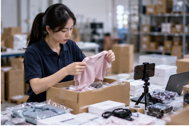 Warehouse worker checking goods before package consolidation in China