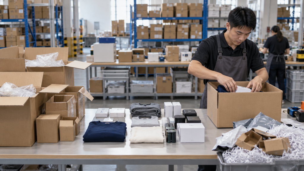 Warehouse worker consolidating products from multiple suppliers into one export carton