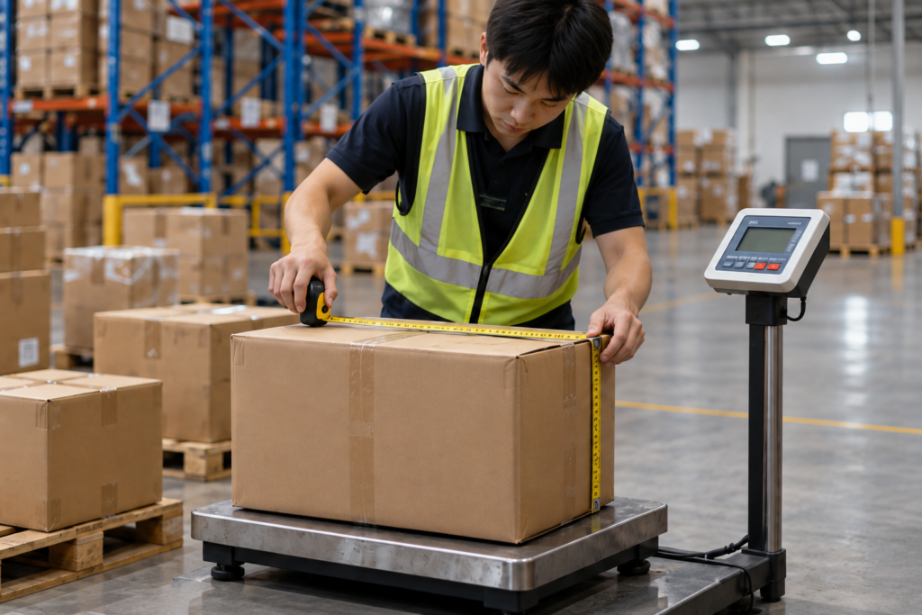 Warehouse worker measuring carton dimensions for DDP shipping