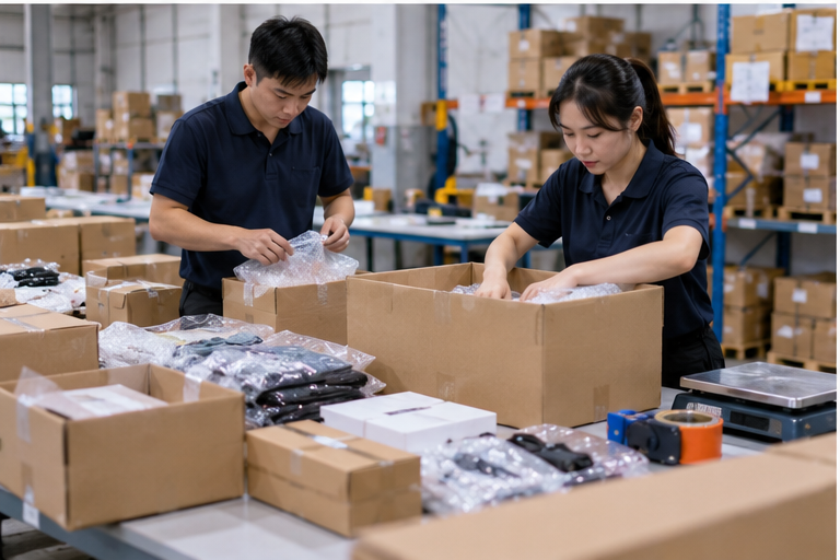 Workers consolidating and repacking multiple supplier orders in a China warehouse
