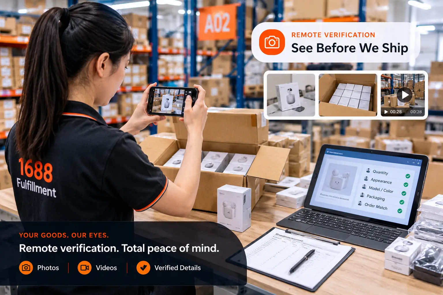 Photo and video product verification in a China warehouse