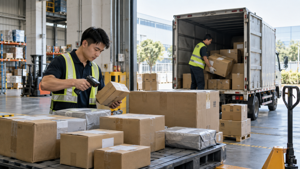 China warehouse staff scanning and sorting incoming supplier parcels at the receiving area