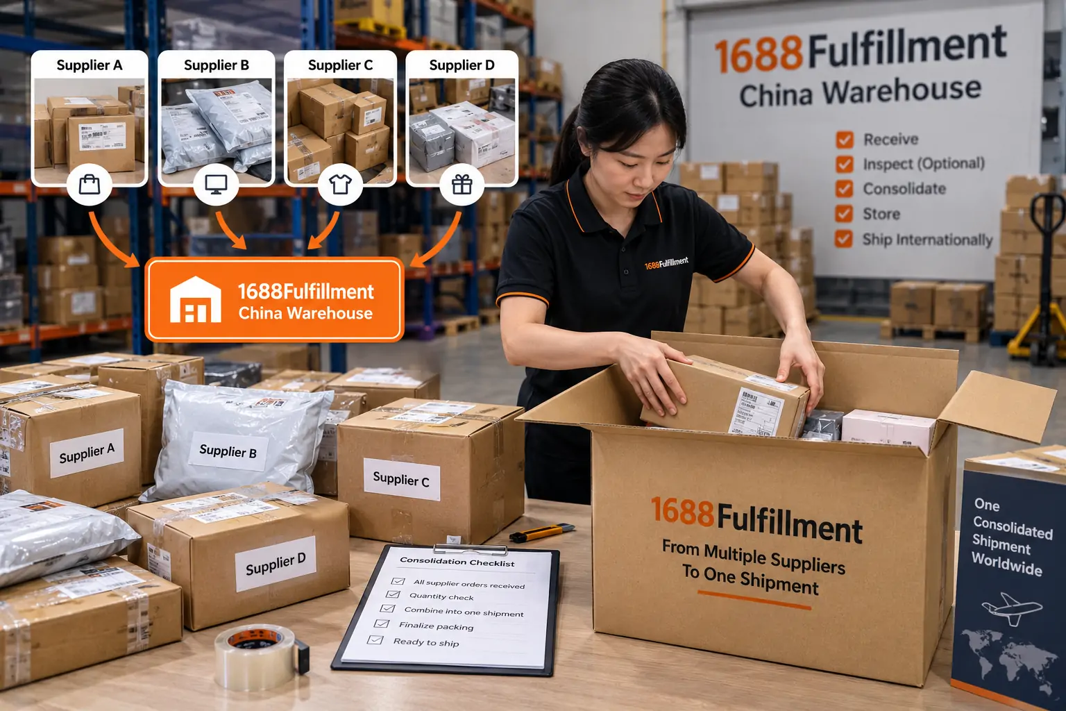 Multi supplier consolidation at a China fulfillment warehouse