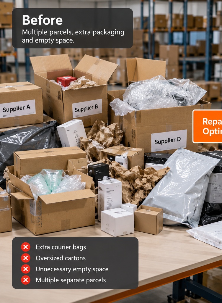 Multiple supplier parcels before consolidation and repacking